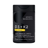 Sports Research 60 gélules de Vitamine D3 + K2 avec huile de noix de coco, certifié végétalien, sans soja, 5000 UI Vitamine D MK7, 100 µg Vitamine K pour