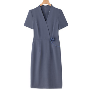 Gray V Neck Sheath Dress Women Professional Career Wear Solid Color Flower Tying Office Workwear - Product Image 5