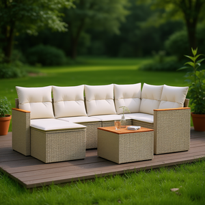 Ensemble de canapés de jardin en rotin beige avec coussins en mousse haute densité, mobilier d'extérieur au design contemporain, résistant à l'eau et aux UV - Product Image 2