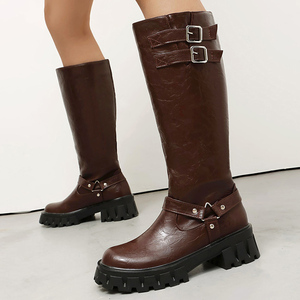Wholesale Women Low Square <b>Heels</b> Long Knight Boots <b>Round</b> <b>Toe</b> Knee High Booties Metal Belt Buckles Ladies Thick Sole Shoes - Product Image 3