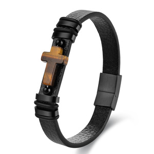 Bracciale <span class=keywords><strong>da</strong></span> <span class=keywords><strong>uomo</strong></span> in pelle nera intrecciata a doppio strato con croce in pietra naturale e acciaio inossidabile, multistrato - Product Image 5
