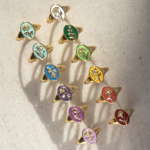 Bagues ovales <span class=keywords><strong>en</strong></span> émail coloré style europé<span class=keywords><strong>en</strong></span> et américain pour femmes, bagues ouvertes dorées <span class=keywords><strong>à</strong></span> motif floral émaillé - Product Image 1