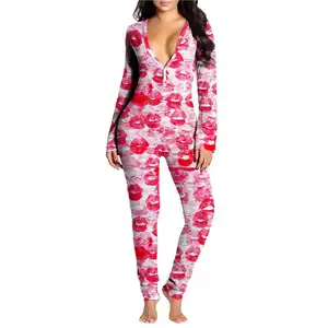 Wholesale Full Length Holiday Valentines Day PJ Printed Sexy Stretchy Adult Pyjama Onesies with Buttflap