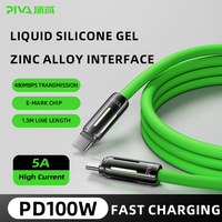 Cable de Datos Piva de Carga Rápida PD100W 5A de 1.5m y 480Mbps, de Silicona Líquida Verde con Luz RGB con Efecto de Respiración y Conector USB-C para Laptop, Tablet y Teléfono