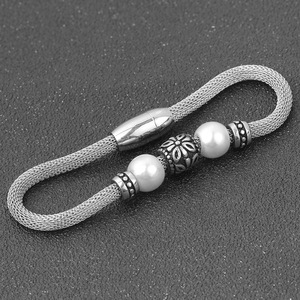 Tibetan Silver Mesh Chain <b>Bracelet</b> With Pearl <b>Beads</b> And Geometric Design Fashion Jewelry <b>For</b> Men And Women - Product Image 3