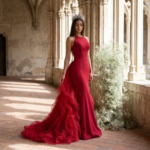 Rsm251077 Elegant <b>Red</b> Halter Evening Dress Sleeveless Ruffles Customizable Prom Gown Jancember - Product Image 1