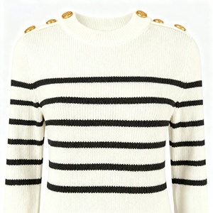 Women's Casual Knitted <strong>Dress</strong> with Shoulder Decorative Buttons Breathable Color-Block Horizontal Stripes - Product Image 4