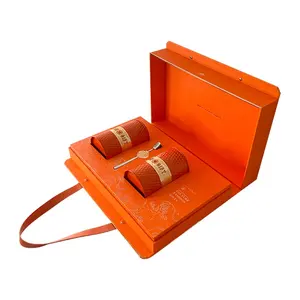공장 제조자 여행 가방 책 모양 리베트 가죽 손잡이와 삽입을 가진 엄밀한 휴대용 주황색 마분지 종이 선물 상자
