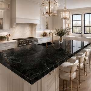 Losa de piedra sinterizada Louis Black Gold brillante de 1600x3200, 12 mm, base negra oscura con vetas grises doradas, para peldaños de escalera y encimeras de cocina. - Product Image 4