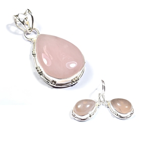 Rose Quartz 925 Sterling Silver Pendant Earrings Jewelry Set Handmade Pink Gemstone Design For Women Wholesale Fashion - Product Image 1