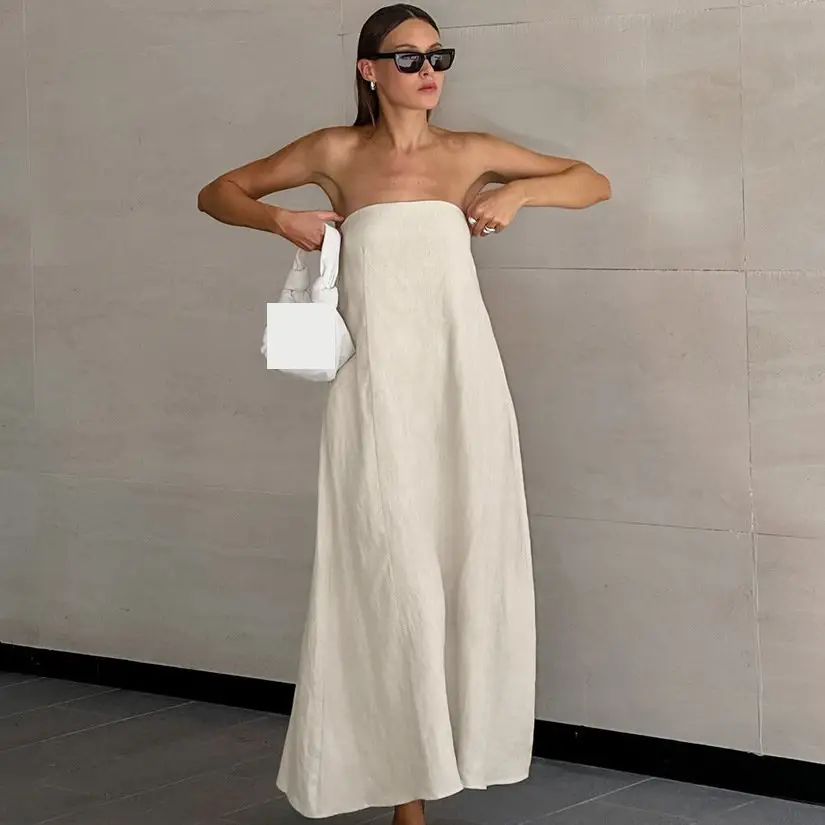 एन्यामी कोज़ी हॉलिडे समर बीच रिज़ॉर्ट नई शैली खाकी कॉटन लिनन स्ट्रैपलेस ढीली लंबी पोशाक जेब वाली महिलाएं