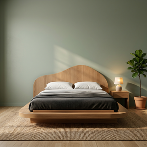 Cama de Plataforma Moderna de Madera de Teca con Cabecera Curva, Diseño Minimalista Japandi, Madera Sólida, Tamaños Personalizables, Muebles de Dormitorio - Product Image 2