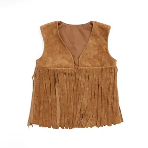 Groothandel Kinderen Boutique Kleding Kids Kleding Solid Brown Kwasten Fringe Faux Suede Meisje Vest