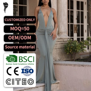 Robe longue vert sauge pour femme, nouveau modèle 2026, col halter, décolleté plongeant, froncée et drapée, coupe sirène, pour soirée et bal de promo - Product Image 1