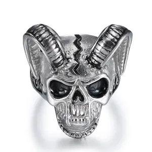 Anéis de crânio masculinos, anéis góticos de cabeça de cabra punk
