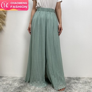2296# Pleated Chiffon Gorgeous Wide Leg Pants With Elastic Waistband Islamic Women <b>Summer</b> Fashion Long Trousers 3 Colors - Product Image 1