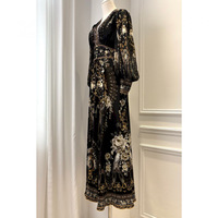 Robe longue en soie à imprimé floral noir et or, style vintage français, taille haute, manches lanternes, luxueuse et haut de gamme