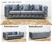 Juego de Sofás Chesterfield de Lujo para el Hogar, Tapizado en Terciopelo Gris, Conjunto de 3, 2 y 1 Plazas