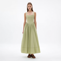 Nouvelle Robe Midi Femme Vert Sauge à Col Carré, Bretelles Larges, Corset Panélisé, Jupe Plissée Coupe Évasée, Vente en Gros Personnalisée