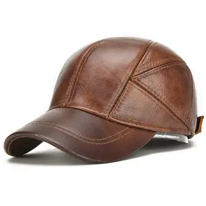Leather hat men's autumn and winter warm cowhide hat middle-aged and elderly outdoor cotton belt ear protection leather baseball