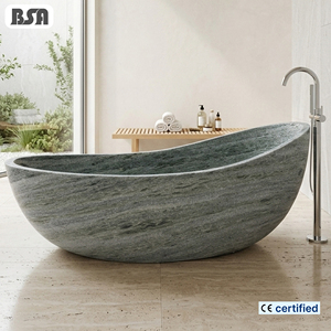Baignoire autoportante en marbre veiné vert BSA, sculptée à la main, en pierre naturelle, en forme de bateau, pour villa, hôtel, salle de bain - Product Image 1