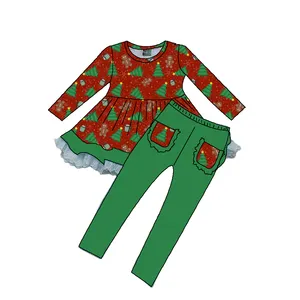 清丽圣诞树图案秋季女婴衣服糖衣裹腿裤褶边蕾丝连衣裙2pcs套装