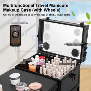 Portable <b>Foldable</b> Rolling Nail Art Table Makeup Train Case with LED <b>Mirror</b> 4 Drawers Heavy Duty Mobile Manicure Workstation Salo - Product Image 4