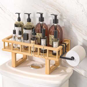 Étagère de rangement en bois massif rectangulaire autoportante pour salle de bain avec porte-papier toilette - Product Image 1
