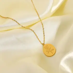 Perhiasan Stainless Steel Berlapis Emas 18K, Kalung Bunga Mawar Emas Liontin Oval untuk Wanita