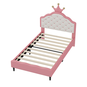 Cama Princesa Moderna de Tamaño Completo con Cabecera Acolchada de Cuero Sintético PU, Diseño de Corona Encantadora, Rosa+Crema - Product Image 5
