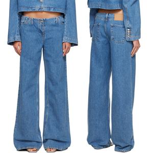 Custom Low Rise Baggy Fit 100% Cotton Non-Stretch Denim Jeans <b>Women</b> Blue Faded Wide Leg Jeans - Product Image 6