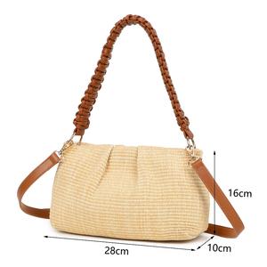 Bolso de Paja Tejido de Verano en Oferta, Bolso de Hombro de Ratán Beige para Mujer con Correa de Cuero Trenzado, Bolso Bandolera de Playa - Product Image 5