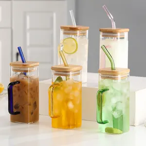 Kolu ile üretici cam kavanozlar kullanımlık seyahat buzlu kahve şeffaf cam bardak bambu kapaklar renkli pipetli bardak