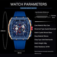 Montre chronographe squelette pour homme, forme tonneau, mouvement multifonction, aiguilles ajourées, bracelet en silicone, montre sport
