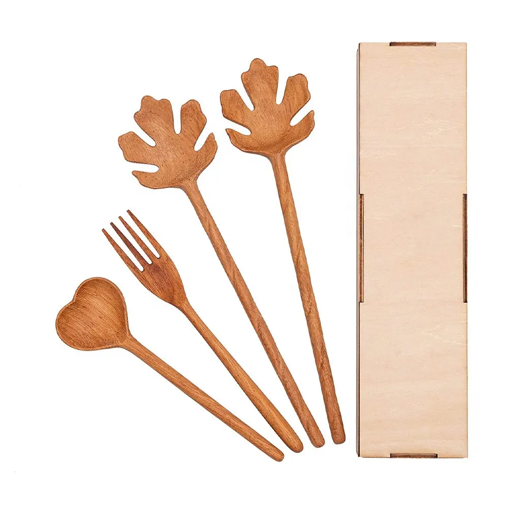 Creative Kitchen Utensils Natural Carved Wooden Salad Forks Wood Cooking Spoon Set Gifts For Mom