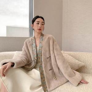 Manteau de maternité en fausse fourrure style chinois pour <span class=keywords><strong>femme</strong></span>, boutonnage simple, imitation vison, fourrure entière, boutons grenouille en velours, fourrure de Haining - Product Image 5