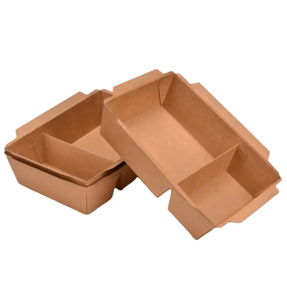 Muestra gratis Caja rectangular de papel Kraft marrón ecológica Tapa transparente Contenedor de almuerzo para llevar de 2 compartimentos Embalaje de alimentos para sushi