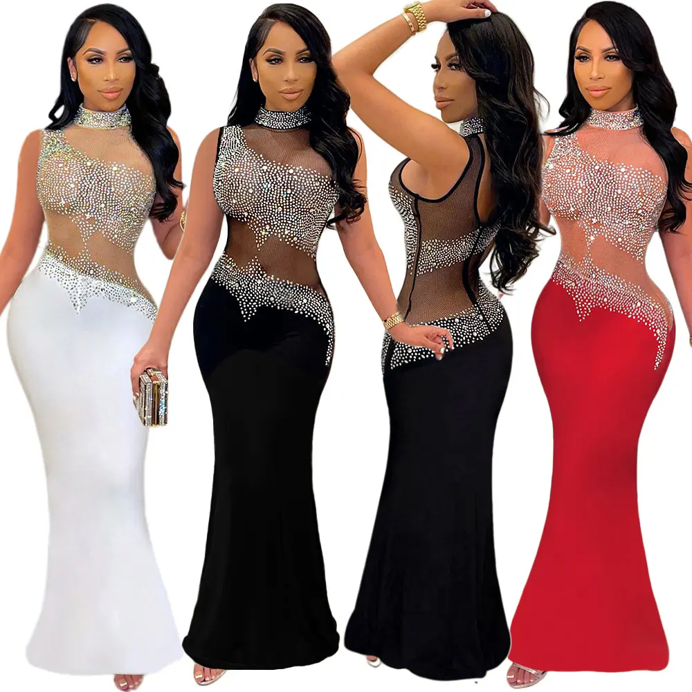 Designer Sleeveless Hollow Out Rhinestone Sexy Formal Wedding Birthday Party Gown Ladies Bodycon Long Club Prom Evening Dresses