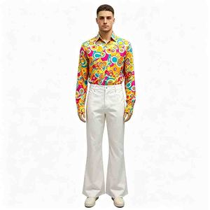 Costume hippie des années 70 pour hommes, chemisier rétro coloré à manches longues pour scène, danse, discothèque, fête, Halloween, cosplay, polyester - Product Image 1