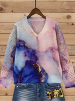 Pull en maille respirant 100 % polyester à imprimé marbré pour femme, col en V, manches longues, maille ajourée, toutes saisons, décontracté, numérique