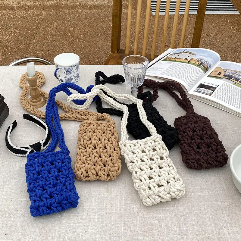 Kızlar çanta aksesuarları yaz tasarımcı plaj örgü iplik çanta rafya Yarm taban el yapımı örme Tote tığ çanta