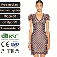 Robe mini transparente à carreaux pour femme, manches bouffantes, col en V, buste froncé, ajustée, moulante, pour soirée, personnalisable OEM ODM, vente en gros