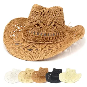 OEM Breathable Custom Logo Wide Brim Hand Woven Braid Floppy Fedora Cap Summer Hollow Out Woven Roll Up Cowboy Straw Hat