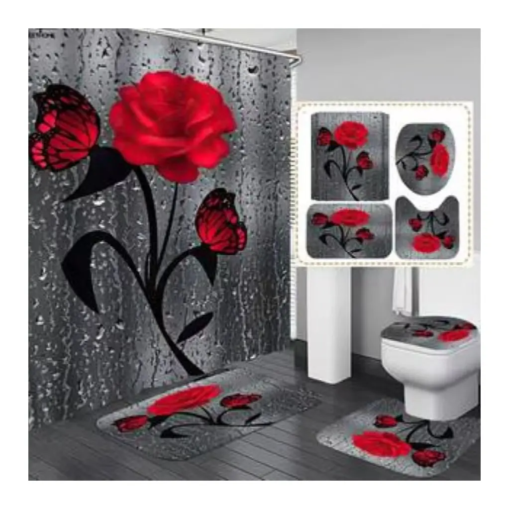 New design high quality custom printed luxury 4 pieces bathroom rugs and mats sets with shower curtain