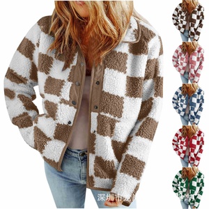 Veste en polaire sherpa à carreaux pour <span class=keywords><strong>femme</strong></span>, manches longues, boutonnée, avec bordure contrastante, manteau d'hiver, vente en gros, mode - Product Image 2