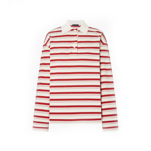 Polo rayé à manches longues pour femme en tissu piqué de coton avec poignets côtelés, idéal pour un style bureau décontracté et transitoire raffiné. - Product Image 1