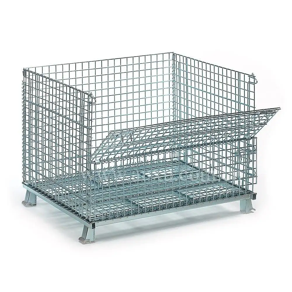 Galvanized Steel Foldable Wire Mesh Rolling Storage Pallet Cage / Mesh Box / Wire Container For Warehouse