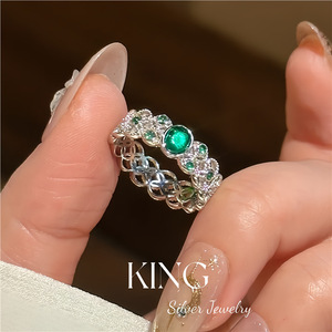 King Silver Jewelry S925 Sterling Silver <b>Ring</b> Green <b>Crystal</b> Rhinestone Flower Shape Women's Fine <b>Ring</b> Everyday Wear - Product Image 1