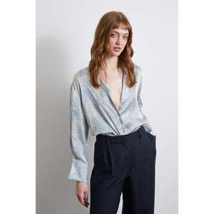Camisa de Satén con Estampado y Cuello en V para Mujer, Azul, Casual, para Uso Diario, Transparente - Product Image 6