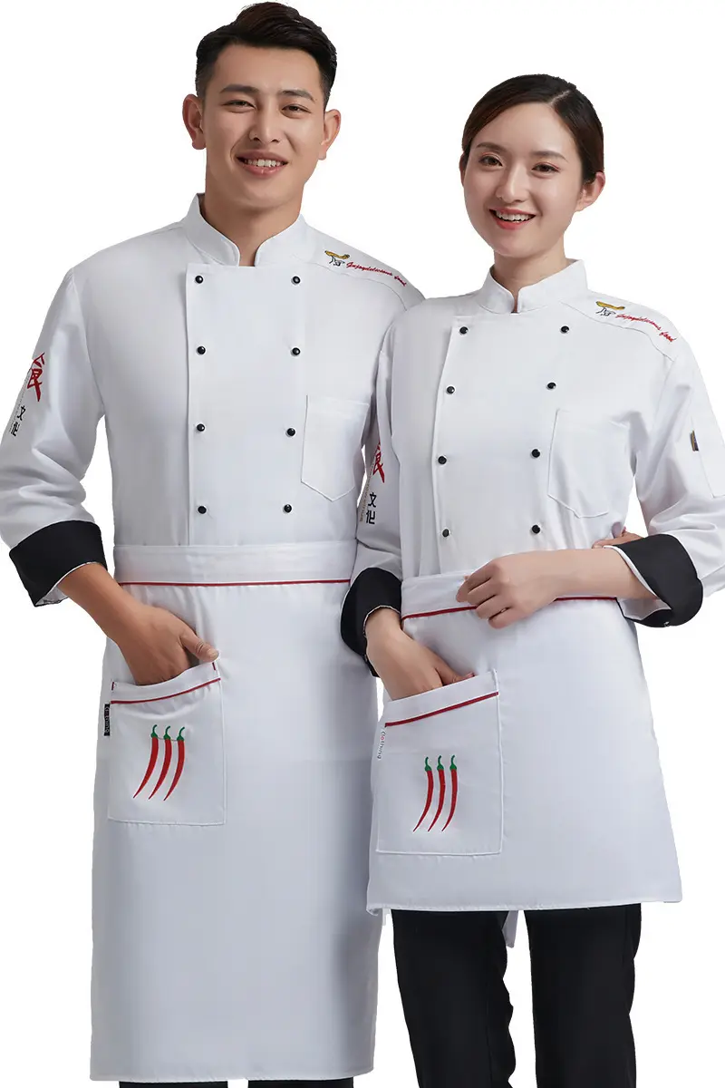 Özel logo su geçirmez şef iş elbiseleri erkekler uzun kollu otel ceket şef ceketi kadın catering sonra mutfak üniforma